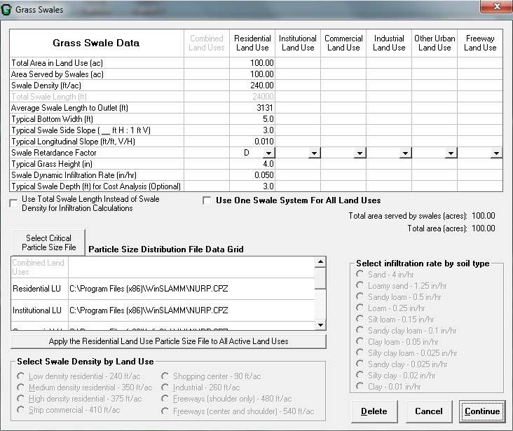 The following is the grass swale information screen in WinSLAMM used in these calculations.