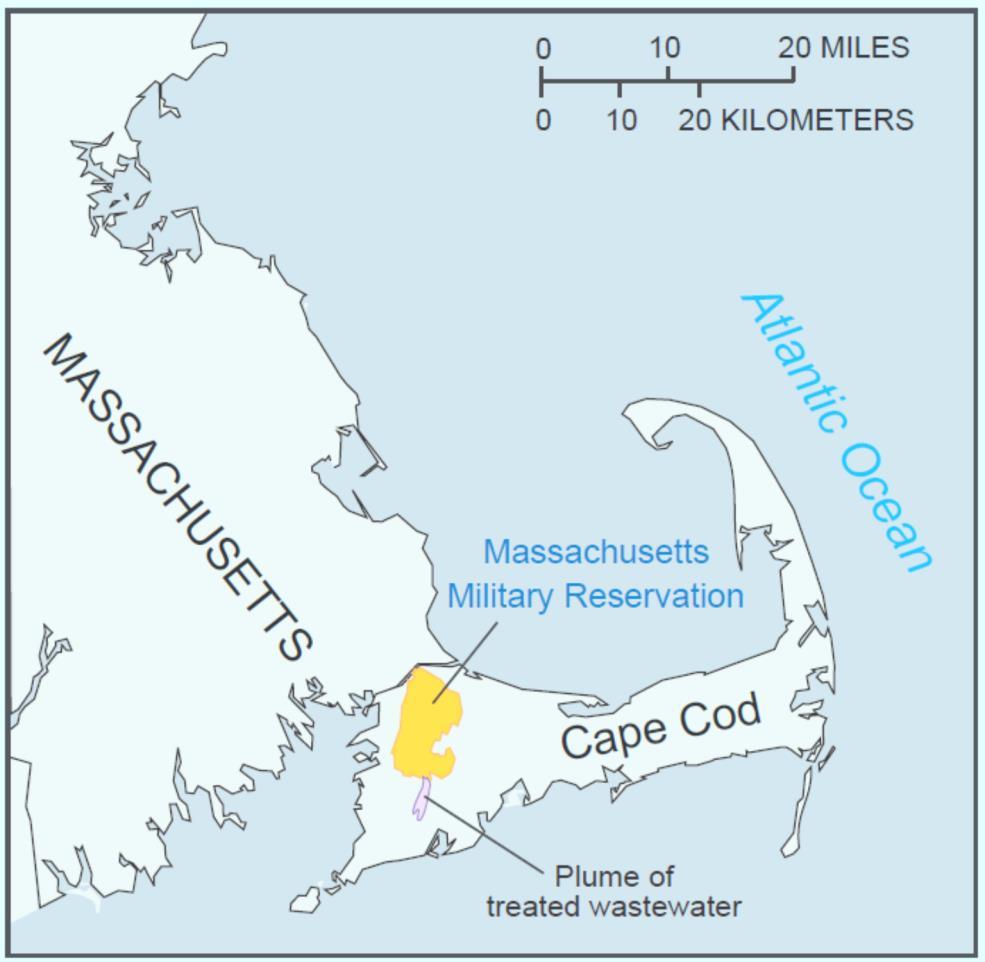 MODELING NATURAL ATTENUATION OF CONTAMINATED AQUIFERS 24 Figure 2-1 Location the Massachusetts Military Reservation in Cape Cod, Southeastern Massachusetts, and location of the wastewater plume.