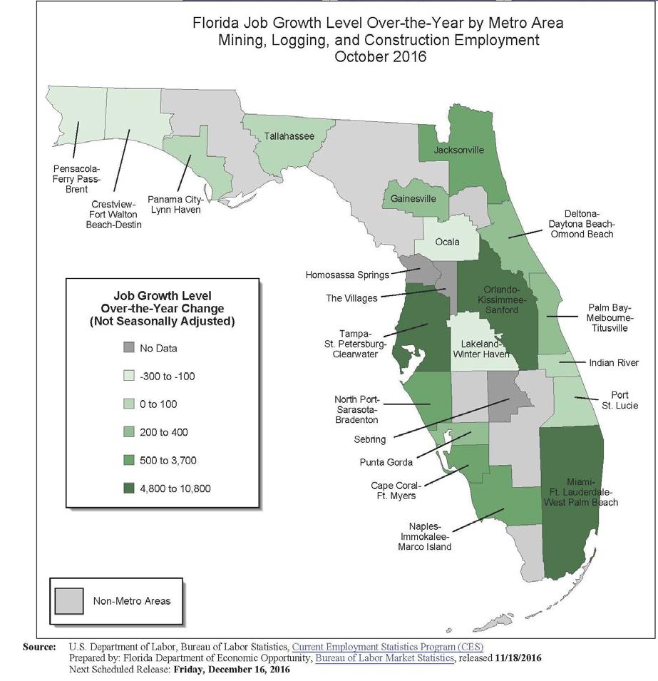 Figure 17 - Florida Job Growth 2015-2016 by metro area for mining, logging and construction category. Source: Florida Department of Economic Opportunity.
