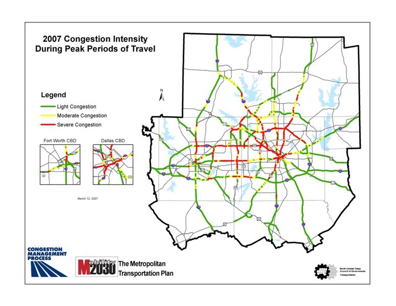 The following DFW Regional Travel Model output was derived from the LOS map above to better illustrate the extent of congestion on the controlled access facilities.