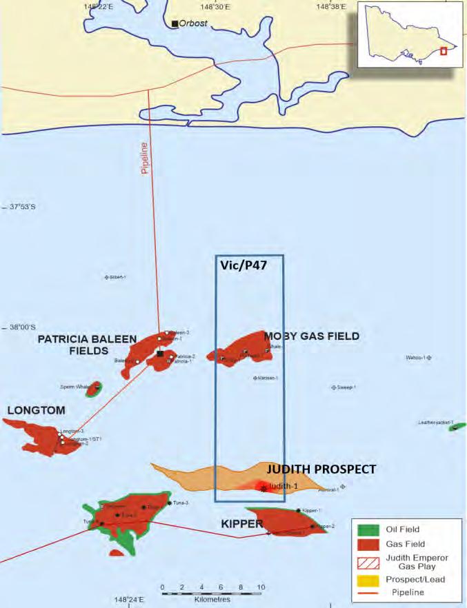 Vic/P47 - Bass Strait Victoria EMP holds 100% of 202 km 2 Vic/P47 Permit EMP is Operator of the Permit Shallow water depths: 20 85 m Two-gas discovery wells drilled within the permit: Judith-1