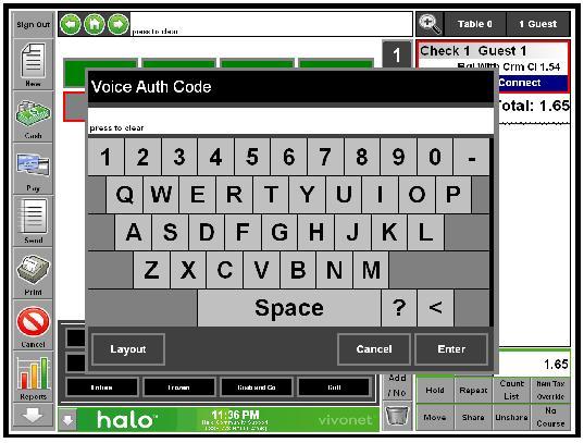 Voice Auth Code Enter voice authorized code from the appropriate credit card authorizing bank.