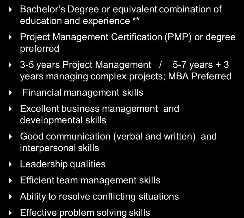 6 Comparison Skills, Education and Experience Project / Senior Project Manager Bachelor s Degree or equivalent combination of education and experience ** Project Management Certification (PMP) or