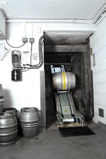 Sloping CellarLift Sloping CellarLift with 22 gallon keg Can also be used to lift gas cylinders The Sloping CellarLift is a unique device for delivering pub and restaurant goods where there is an
