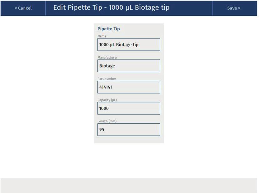 Extraction of Vitamin B7 (Biotin) from Serum Using EVOLUTE EXPRESS ABN Prior to LC-MS/MS Analysis Page 11 Pipette tip Screen Name Manufacturer 1000 µl Biotage Tip Biotage Part number 414141 Capacity