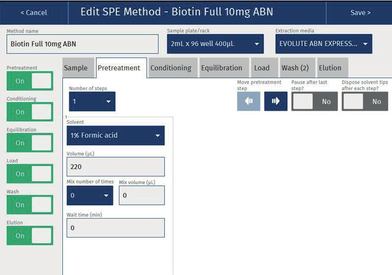 Extraction of Vitamin B7 (Biotin) from Serum Using EVOLUTE EXPRESS ABN Prior to LC-MS/MS Analysis Page 6 Screenshot Settings Pre-treatment No.