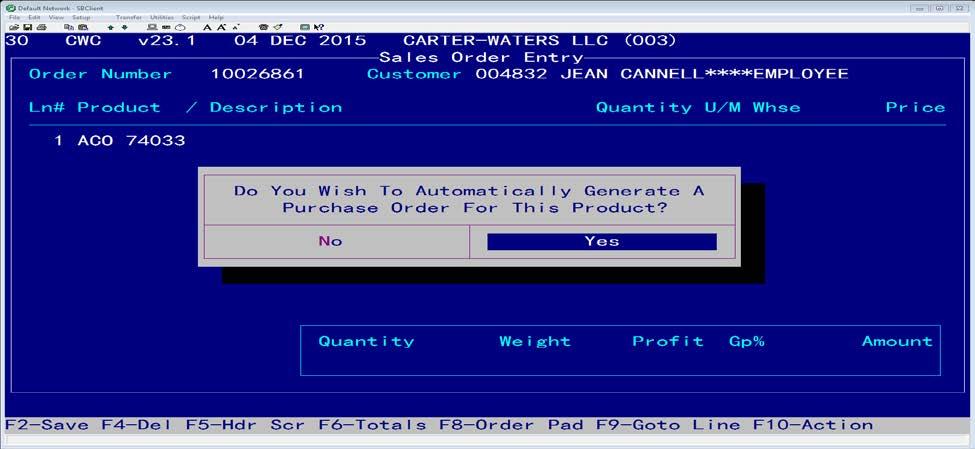 The screen appears asking if you wish to automatically generate a Purchase Order for this Product. Since this is a Direct Ship, arrow over to YES and press Enter with YES highlighted in blue.