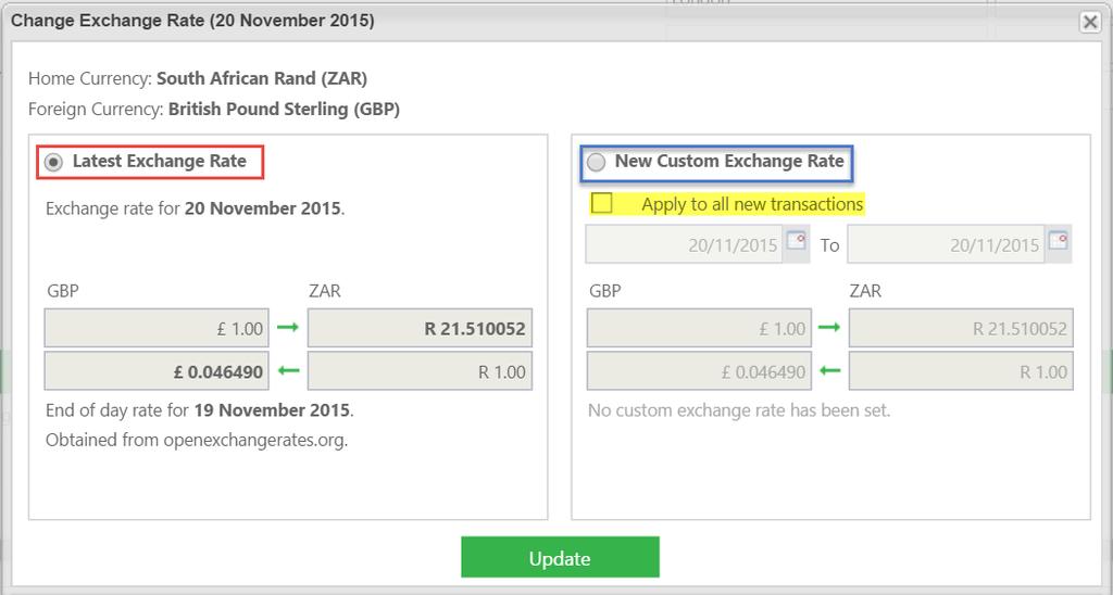 The Change Rate option will only be used when you want to set an exchange rate to be applied globally throughout Sage One especially when you have many users logged into the system.