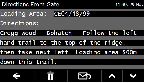 from the current location to the Forest Gate. Once at the forest gate the Directions from Gate screen will present presenting directions from the gate to the specified Loading Area.