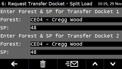 5.6 Request Transfer Docket Split Load To request Timber Transfer Dockets for a split load, i.e. one job moving two separate products from an SP to a Transfer Bay, select the Request Transfer Docket Split Load option from the Send Form menu.