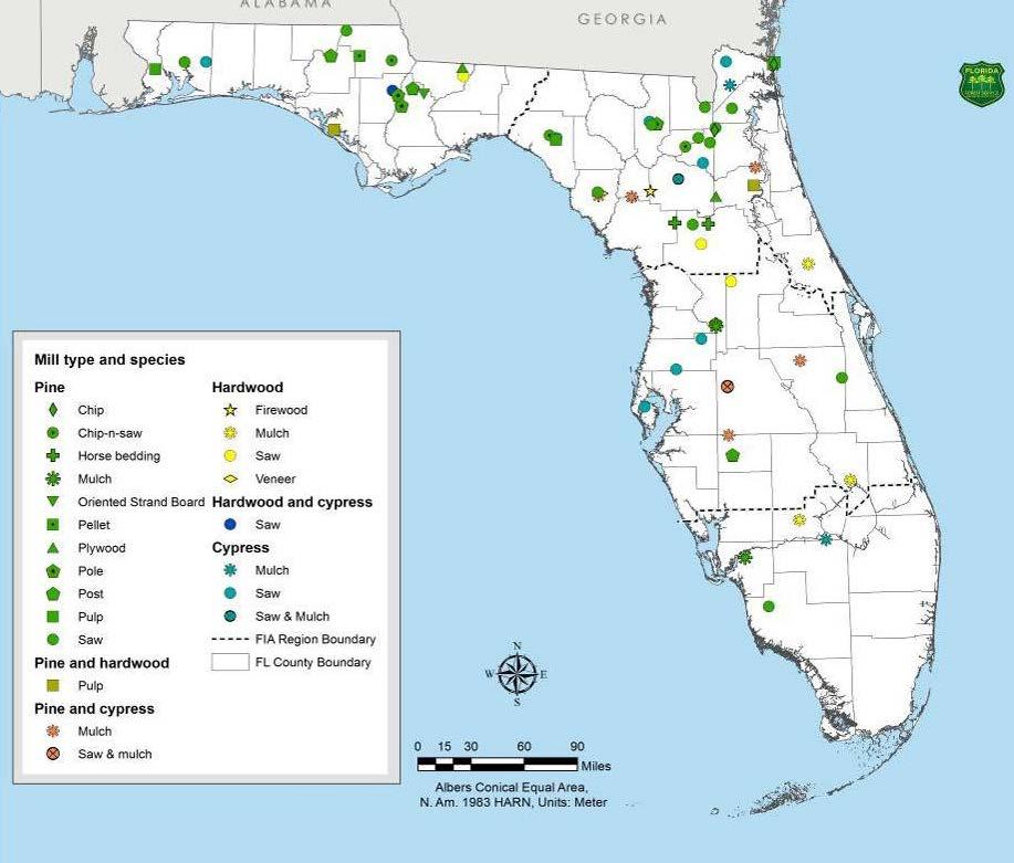 There are 65 primary wood-using mills in Florida.