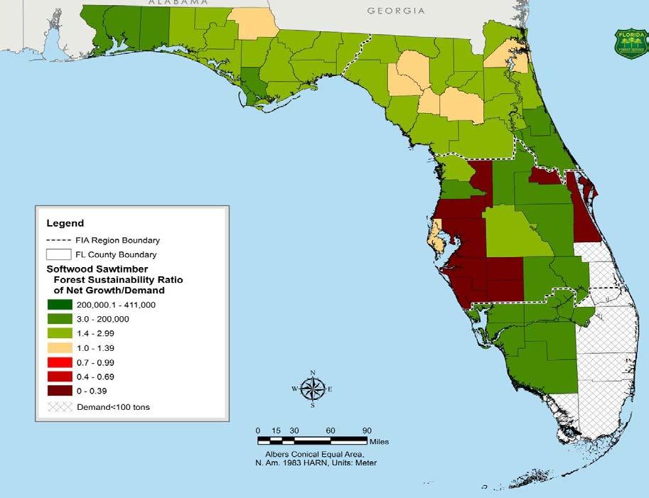 For softwood chip-nsaw and sawtimber, most northern Florida counties have sustainability indices of 1.4 or higher, and no counties have a sustainability index of less than 1.0.