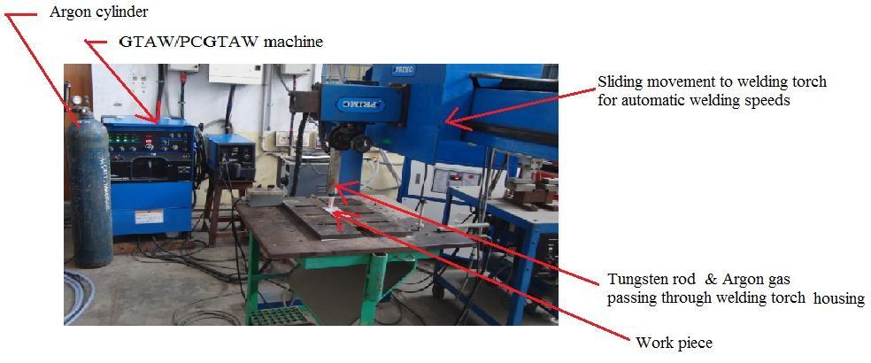 Fig: 4.2 Single V butt welds Fig: 4.3 Gas tungsten arc welding machine with automatic welding speed equipment Two types of current modes were used: Continuous Current (CC) and Pulsed Current (PC).