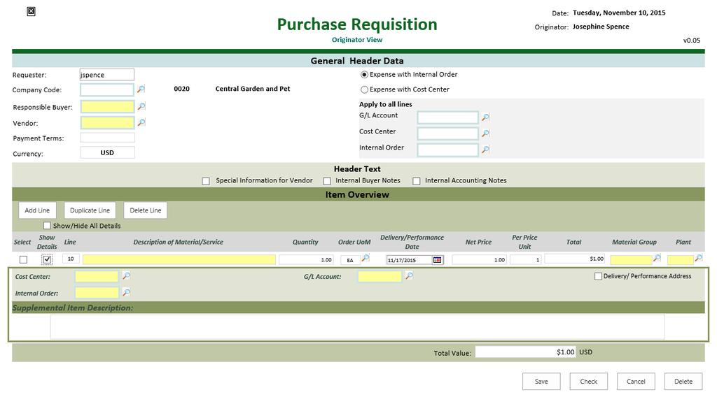 Indirect Purchase Requisition in Winshuttle Purchase Requisition is an initial request to spend funds Can be tied to an approved internal order / budget or can just go