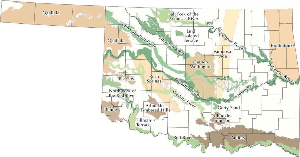 Oklahoma s Water Resources 23 major groundwater aquifers store 320 million acre-feet of water Ogallala Aquifer: state s largest groundwater