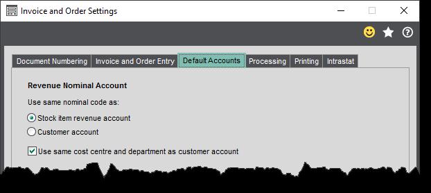 Session 2 Invoicing The nominal account code set on the stock item and the cost centre and department set on the customer's account.