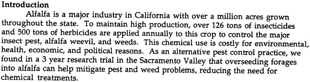 Overseeding as ~ pest management tool in alfalfa in the Sacramento Vallef Rachael Long, Barbara Reed, and Dan Putnam 1 r Introduction Alfalfa is a major industry in California with over a