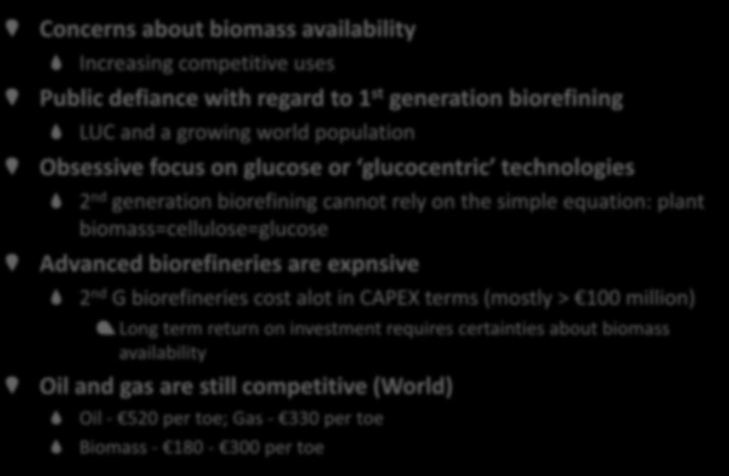 BIOREFINING: TODAY S CHALLENGES Concerns about biomass availability Increasing competitive uses Public defiance with regard to 1 st generation biorefining LUC and a growing world population Obsessive