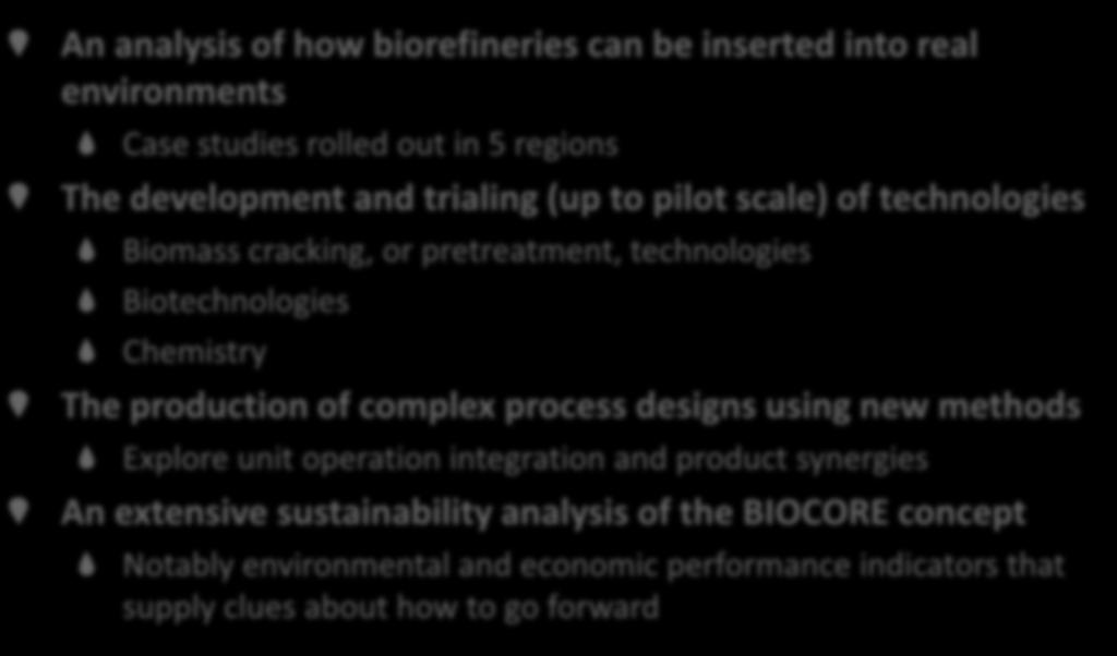 (up to pilot scale) of technologies Biomass cracking, or pretreatment, technologies Biotechnologies Chemistry The production of complex