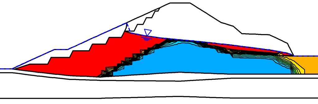 Liquefaction on the upstream slopes such as this can also be verified based on the distribution of excess pore water pressure
