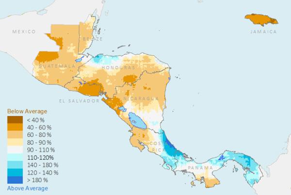 Figure 1: Central America - Accumulated precipitation in June-July 2018 (as percentage of the average precipitation) Source: WFP on the basis of CHIRPS model.
