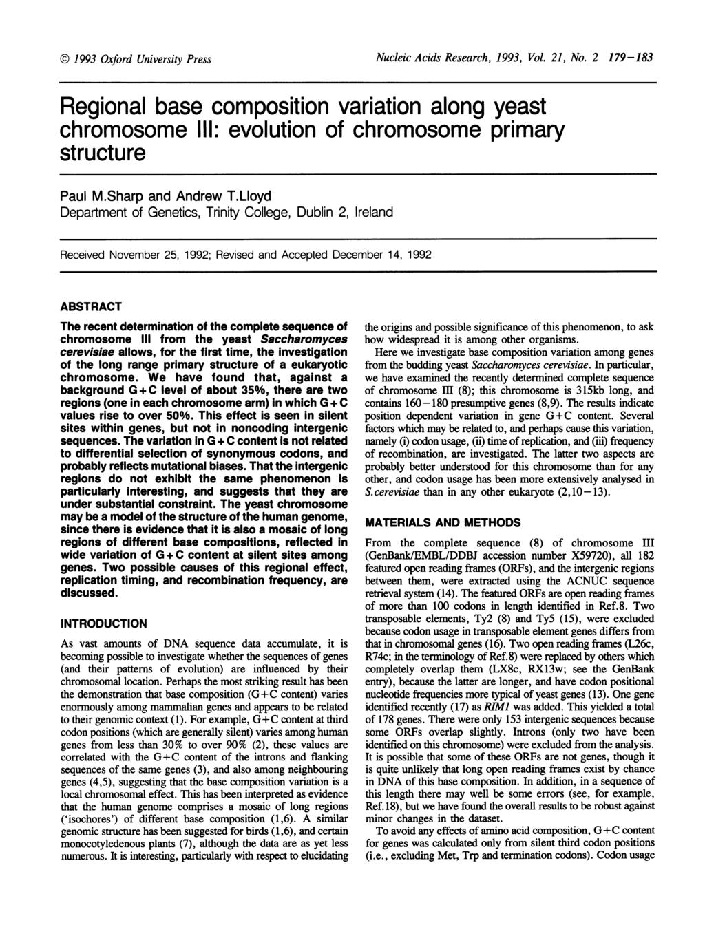 QD-l 1993 Oxford University Press Nucleic Acids Reserch, 1993, Vol. 21, No. 2 179-183 Regionl se composition vrition long yest chromosome Ill: evolution of chromosome primry structure Pul M.