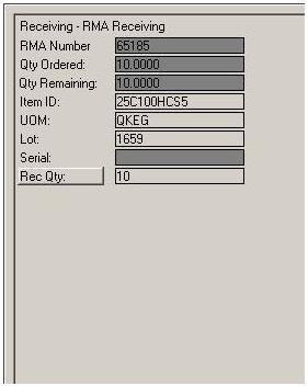 RMA Receipts Scan or enter Item, Lot and serial