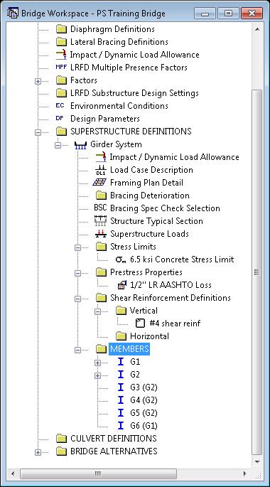 A partially expanded Bridge Workspace is shown below. Describing a member: The member window shows the data that was generated when the structure definition was created.