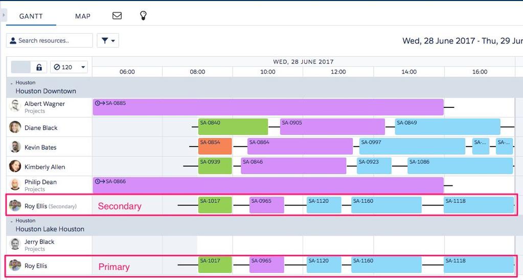 Display Service Resources in all Their Territories You don t have to leave the Resource Gantt chart to view your mobile workforce secondary service territory memberships.