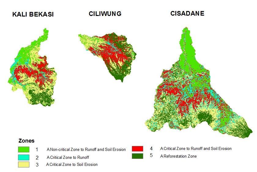 MAPS OF ZONES THAT INFLUENCE RUNOFF AND SOIL EROSION 74%, 81%, 58% of PUA land located in critical zones (2,3,4) in Kali Bekasi, Ciliwung, and Cisadane respectively,