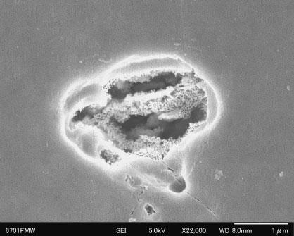 4 FE-SEM images of Fe-Al precipitate in Al-Mg alloy without CREO anodized at 4 Am 2 for 4 min. of Fe-Al intermetallic compounds. Figure 4 is simply a magnification of Fig. 4. Although anodic oxide films with pores of about 1 nm in diameter were formed in normal areas [N in Fig.