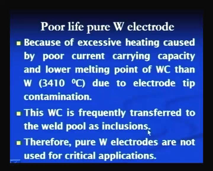 (Refer Slide Time: 54:28) The poor life of the tungsten, pure tungsten electrode is, is attributed to the excessive heating caused by the its poor current, current carrying capacity and the lower