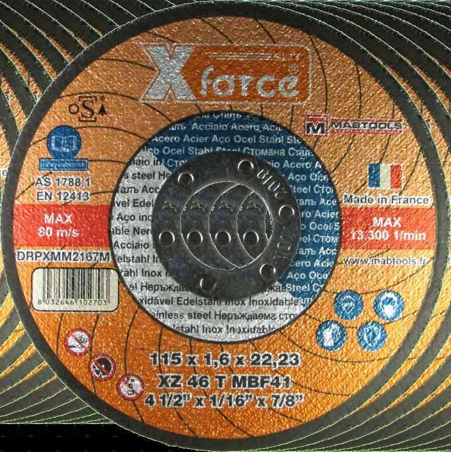 Xforce Cutting Wheels Made with high quality zirconium abrasive grain that has the ability to resharpen itself. Top performance on Stainless Steel and Steel for demanding applications. Long life.