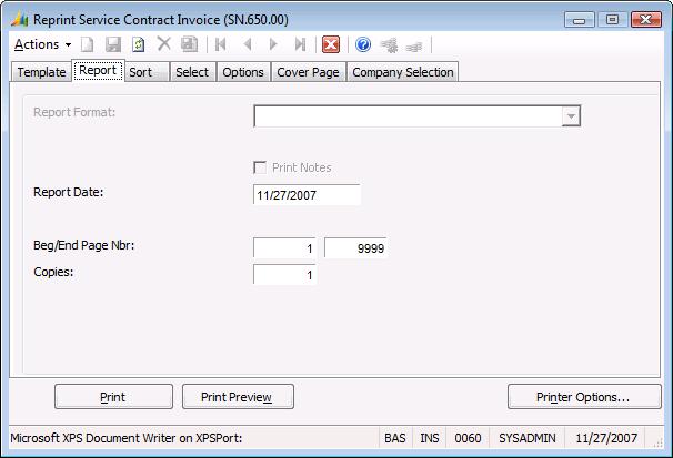 Using Service Contract Processes 123 To resend invoices electronically: 1. Open Reprint Service Contract Invoice (SN.650.00). Figure 42: Reprint Service Contract Invoice (SN.650.00) 2. Click Print.