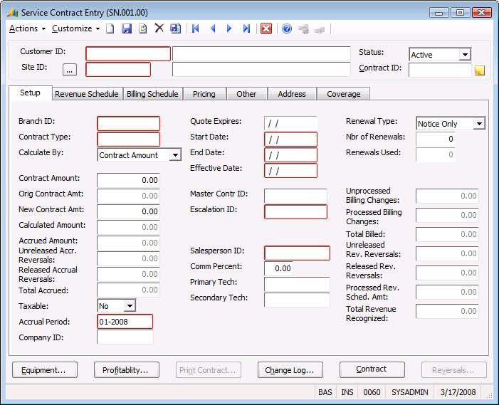 Data Entry Screens 137 Service Contract Entry, Setup Tab On Service Contract Entry (SN.001.00), Setup tab, enter the necessary setup information for a service contract.