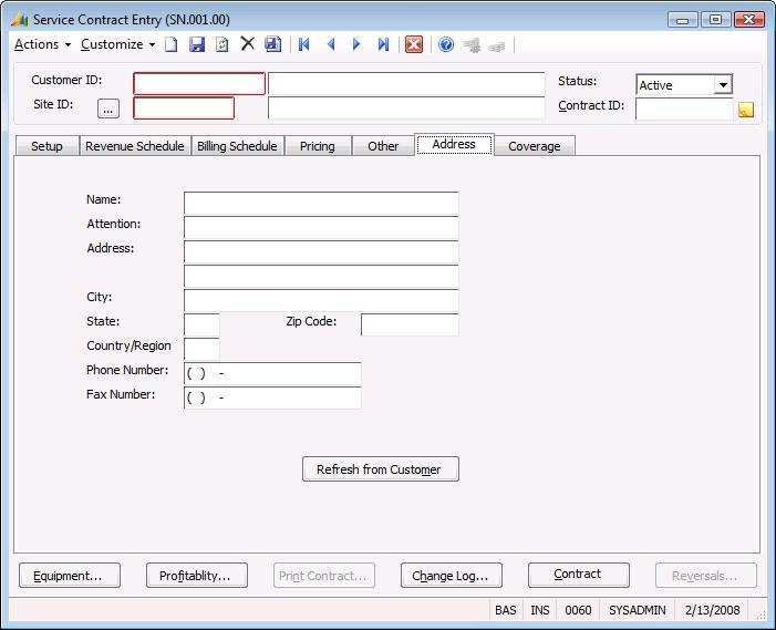 Data Entry Screens 151 Service Contract Entry, Address Tab Use the Address tab to enter the desired billed-to address.