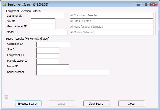 Inquiry Screens 169 Inquiry Screens Equipment Search (SN.001.06) Equipment Search (SN.001.06) assists you in searching for specific pieces of equipment to associate with a service contract.