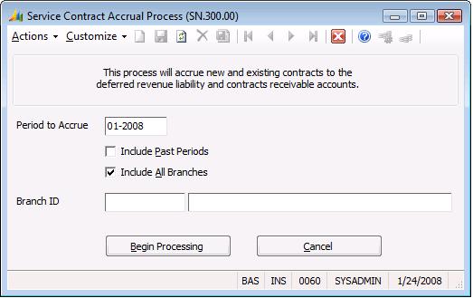 Process Screens 195 Service Contract Accrual Process (SN.300.00) Service Contract Accrual Process (SN.300.00) is run at least once every period.