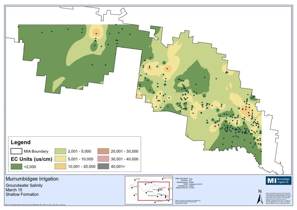 Figure 19 Groundwater salinity (μs/cm) in the Shallow Shepparton Formation, March 2015 Figure 20 Groundwater salinity