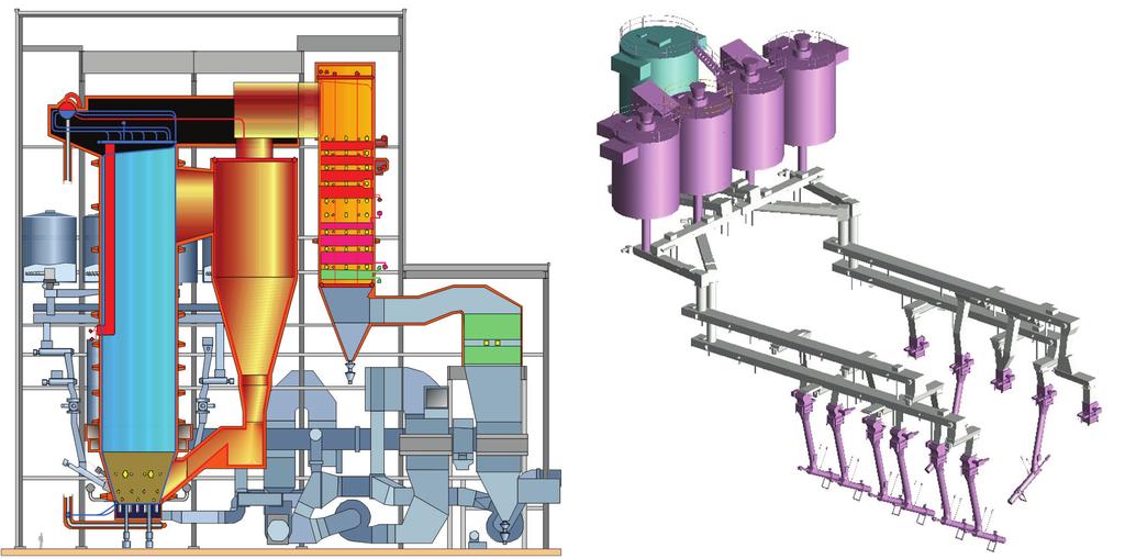 Figure 10. Left: Alholmen multifuel boiler. Right: fuel feeding system for multifuel application. Lessons learned in this boiler were related to challenges coming from the biomass fuel.