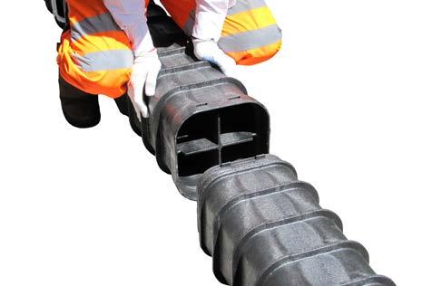 Product Profile Weight: All parts under 25kg Lay length: 1065mm Material: Nitrogen- Foamed High Density Polyethylene Options & Accessories Bends & T-Junctions RAILduct has 3 degrees of flexibility