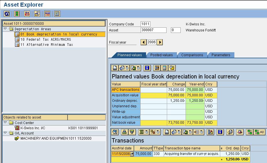 Asset Explorer Screen Click to display depreciation data Click to display a depreciation