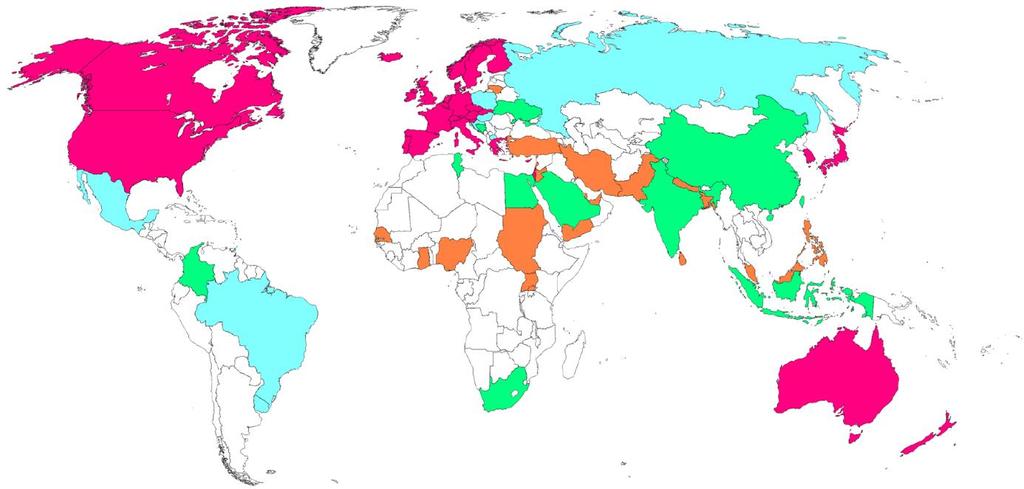 Figure 20. Mammography screenings globally. Red indicates developed countries. Blue indicates LDC with nationwide or localized mammography screening program.