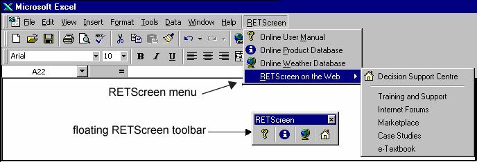 RETScreen Solar Water Heating Project Model Data & Help Access The RETScreen Online User Manual, Product Database and Weather Database can be accessed through the Excel menu bar under the "RETScreen"