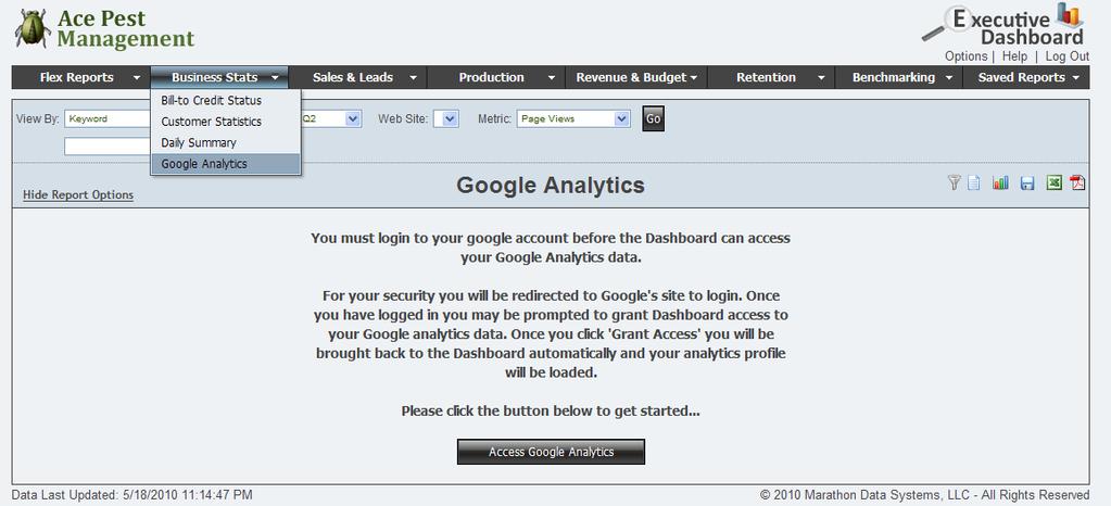 Under the Business Statistics Reports, you can select Google Analytics.