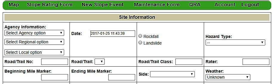 Figure 1. Top of Slope Rating Form on USMP website. Fill in all the text and number fields, radio buttons, drop down options with related information as part of the rating process.