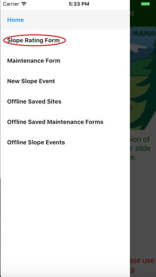 Figure 9. Main menu for mobile application. Viewing and Editing Saved Sites To view or edit a saved site, select Offline Saved Sites on the main menu in the upper lefthand corner of the screen.