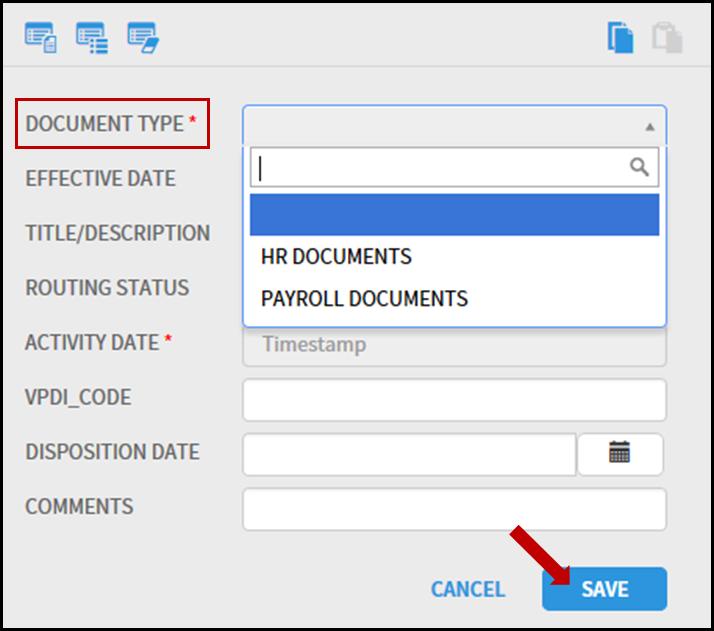 9. Enter the index information for the new document. a. In the Document Type field select HR Documents from the drop-down menu b. In the Title/Description field add a title for your document (e.g.
