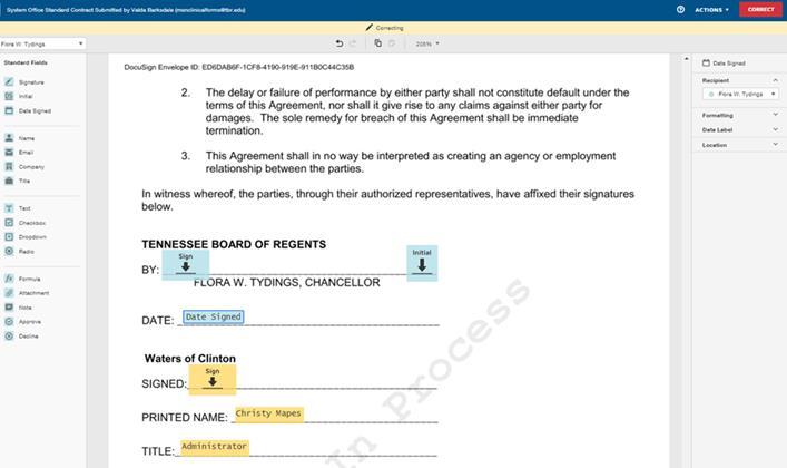11. Drag the signatory tags from the left side of the screen and Drop to the corresponding location on the contract a. Signature b. Initial c. Date Signed 12.