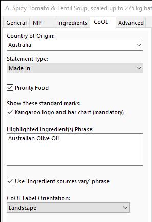 Set the text statement for varying Australian content To use the ingredient sources vary phrase: 1. In the Label window, click the CoOL tab. 2. Select Use ingredient sources vary phrase.